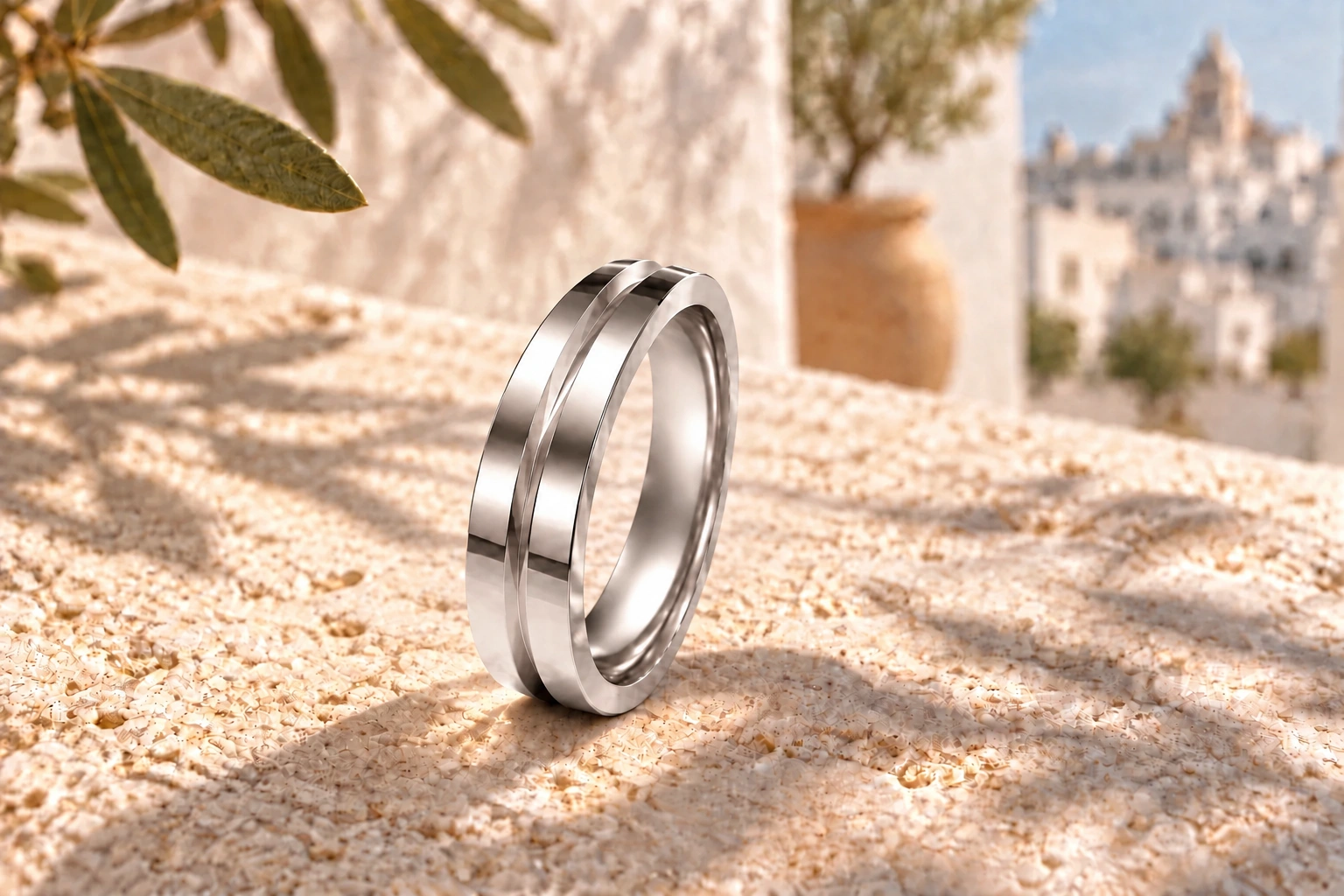 Bague Diabolo 3 mm en or blanc 18 carats — mise en scène artistique dans les Pouilles.