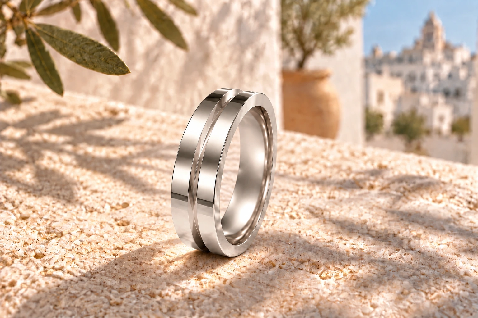 Anillo Diabolo 5 mm en oro blanco de 18 quilates — puesta en escena artística en Apulia.