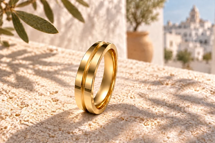 Anillo Diabolo 3 mm en oro amarillo de 18 quilates — puesta en escena artística en Apulia.