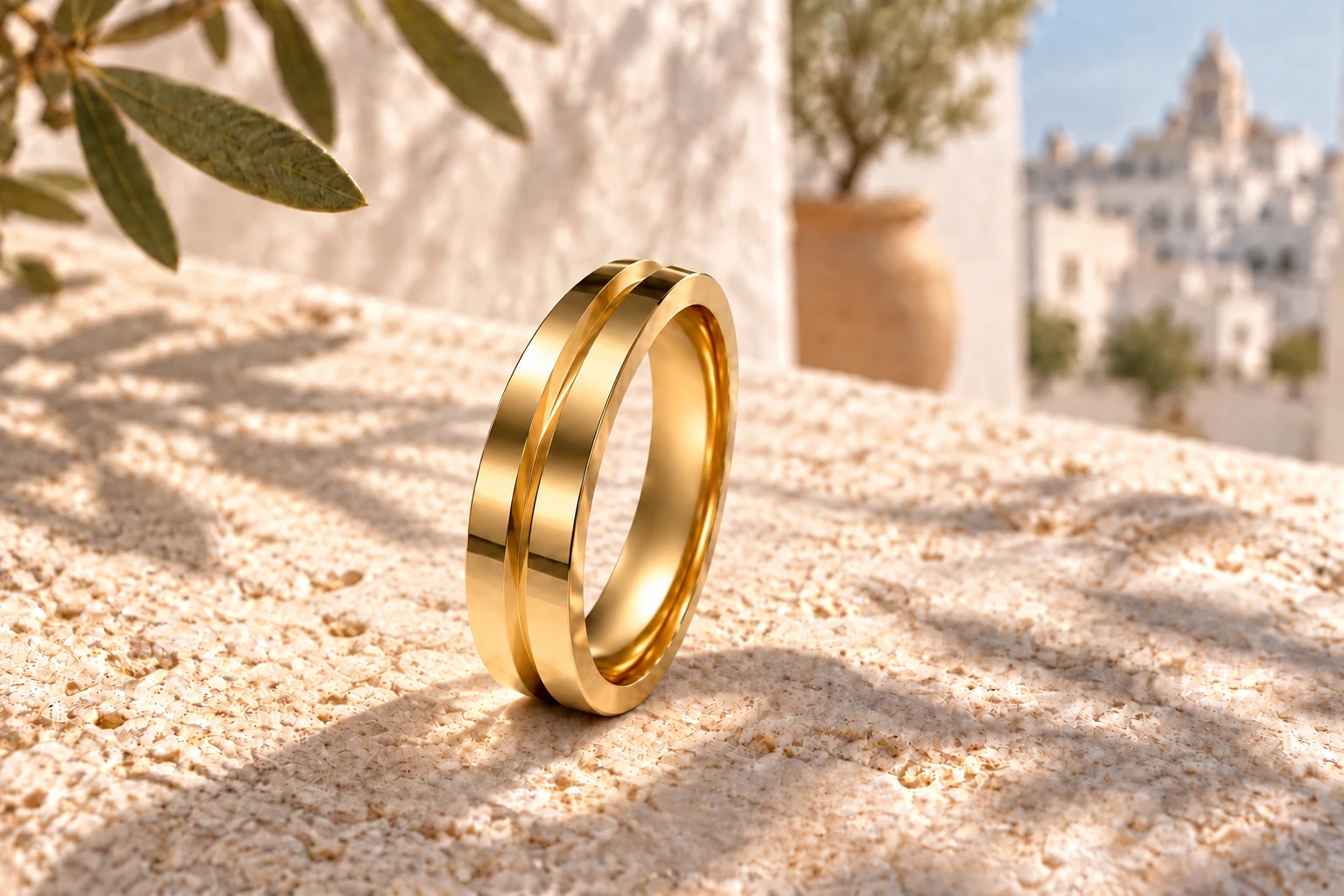 Diabolo Ring 3 mm aus 18-karätigem Gelbgold — künstlerische Inszenierung in Apulien.
