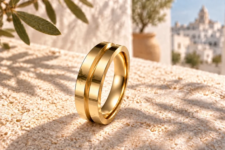 Bague Diabolo 4 mm en or jaune 18 carats — mise en scène artistique dans les Pouilles.