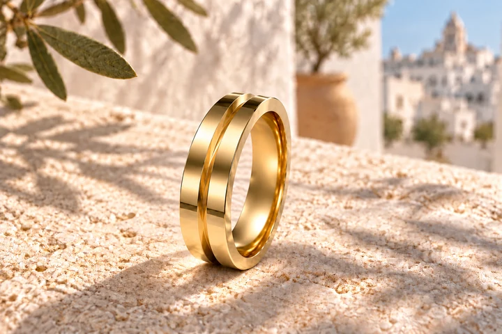 Bague Diabolo 5 mm en or jaune 18 carats — mise en scène artistique dans les Pouilles.
