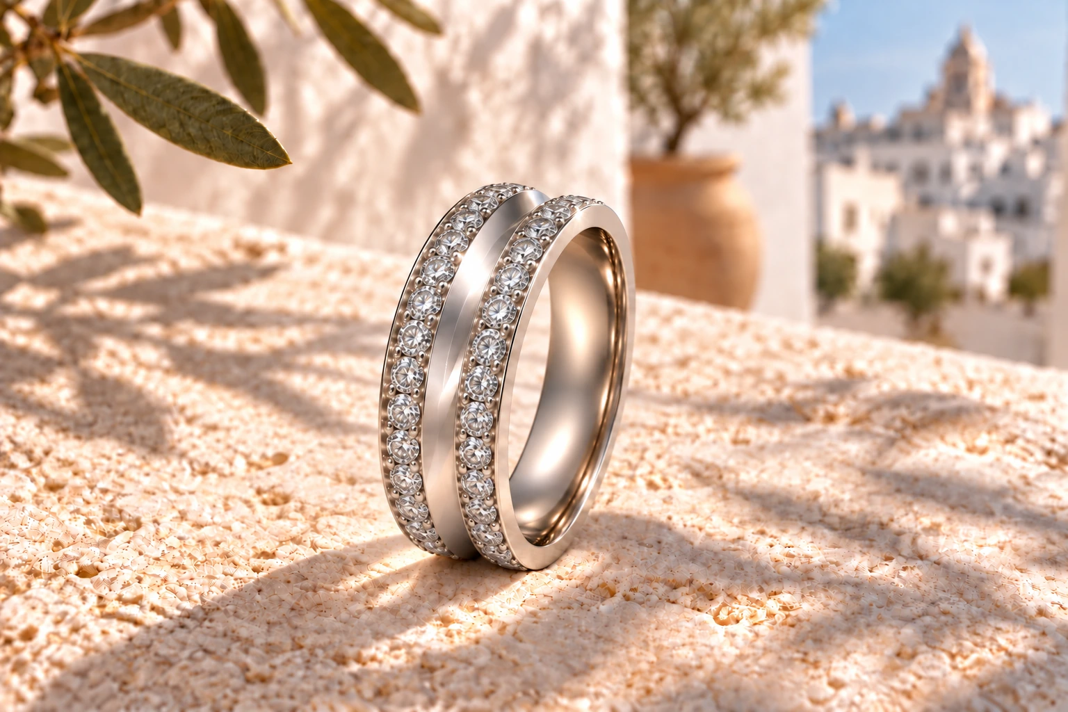 Diabolo Ring 6 mm mit weißen Diamanten aus 18-karätigem Weißgold — künstlerische Inszenierung in Apulien.