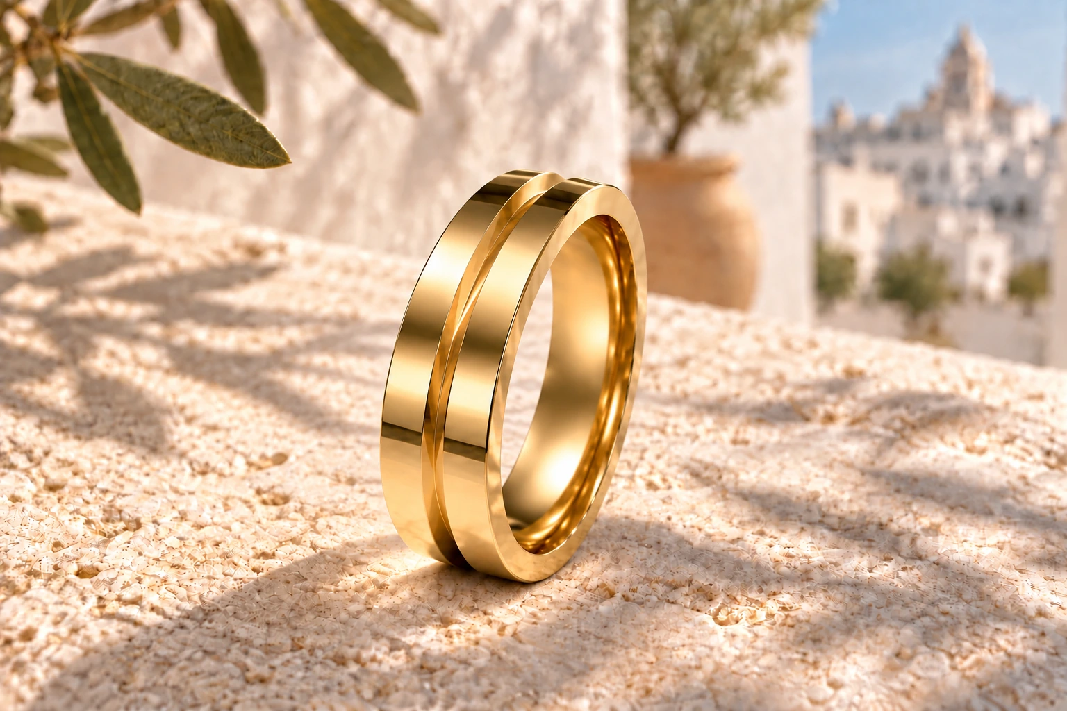 Bague Diabolo 6 mm en or jaune 18 carats — mise en scène artistique dans les Pouilles.