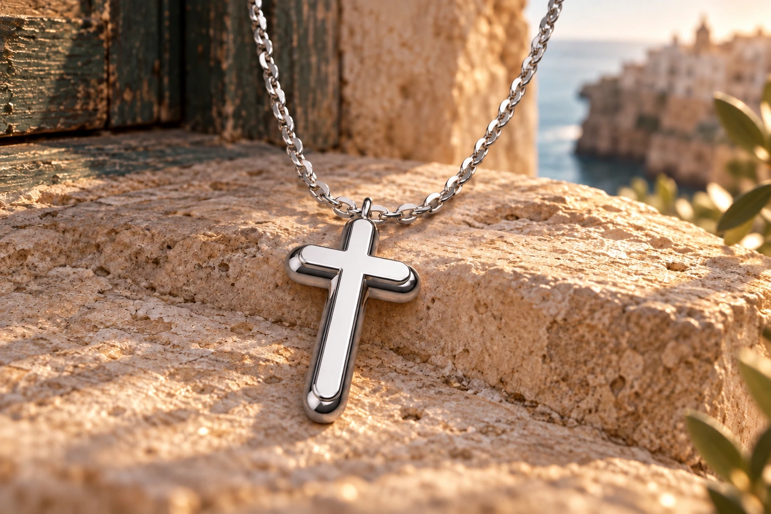 Pendentif Croce en or blanc 18 carats — mise en scène artistique dans les Pouilles.