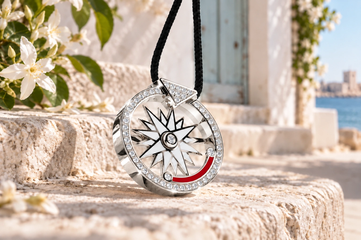 Pendentif Rose des Vents ROME en or blanc 18 carats — mise en scène artistique dans les Pouilles.