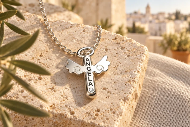 Pendentif Angeli 1 Diamant Blanc en or blanc 18 carats — mise en scène artistique dans les Pouilles.