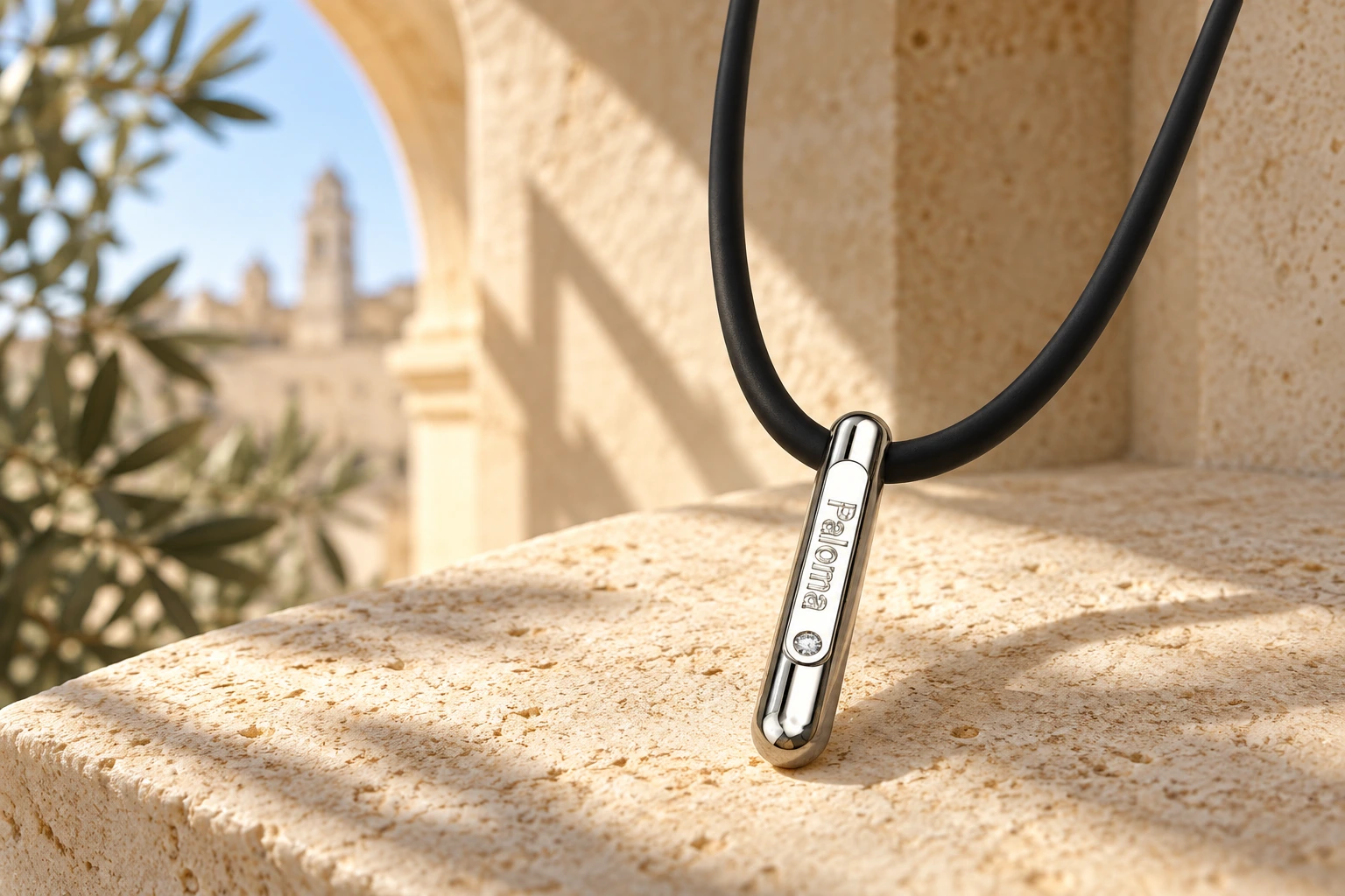 Pendentif Biscottino 1 Diamant Blanc en or blanc 18 carats — mise en scène artistique dans les Pouilles.