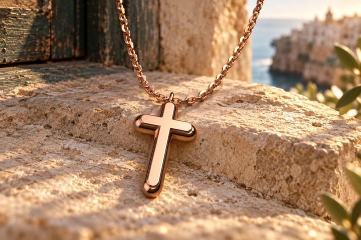 Pendentif Croce en or rose 18 carats — mise en scène artistique dans les Pouilles.