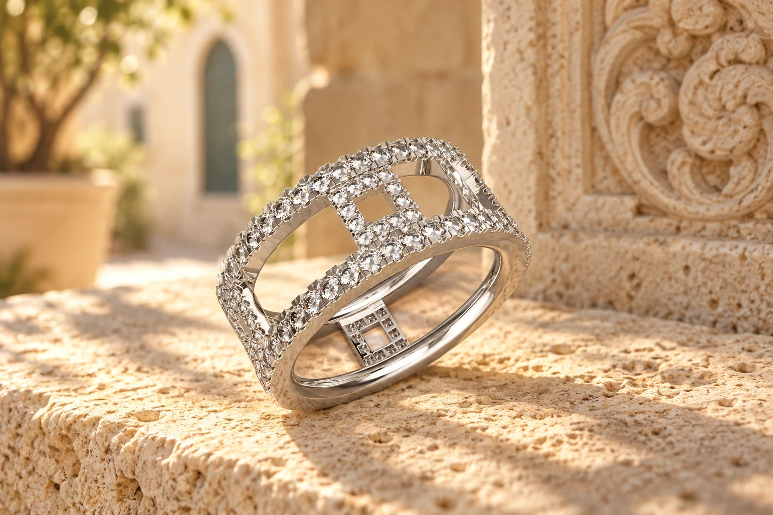 Bague Quadro Diamants Blancs en or blanc 18 carats — mise en scène artistique dans les Pouilles.