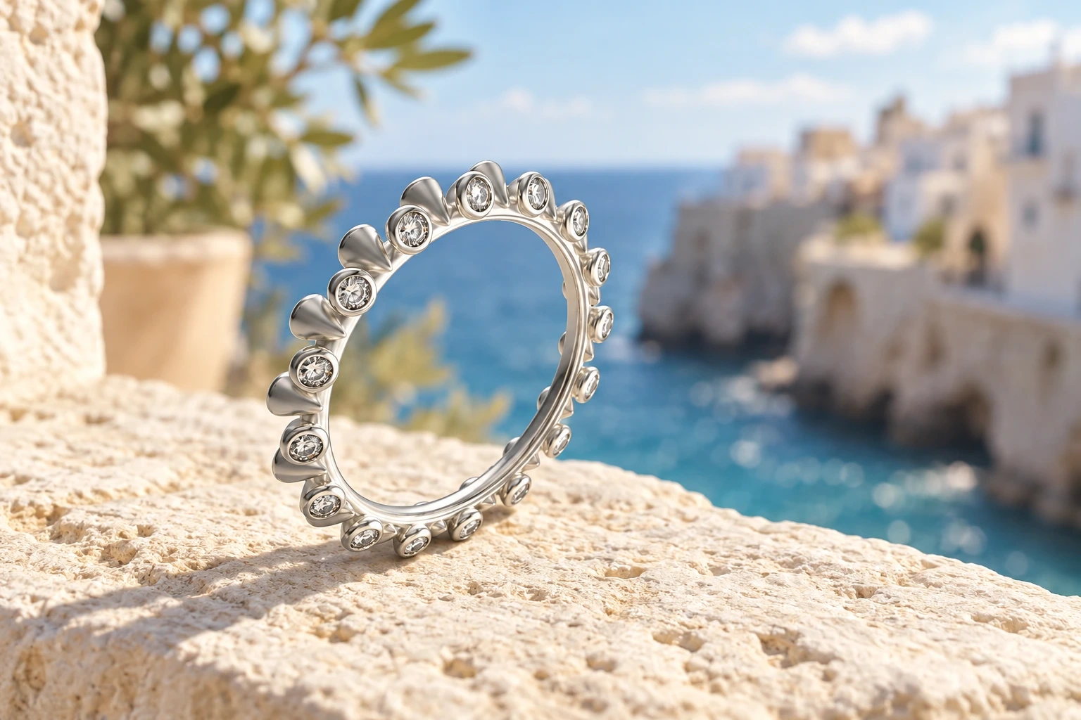 Bague Punta Diamants Blancs en or blanc 18 carats — mise en scène artistique dans les Pouilles.