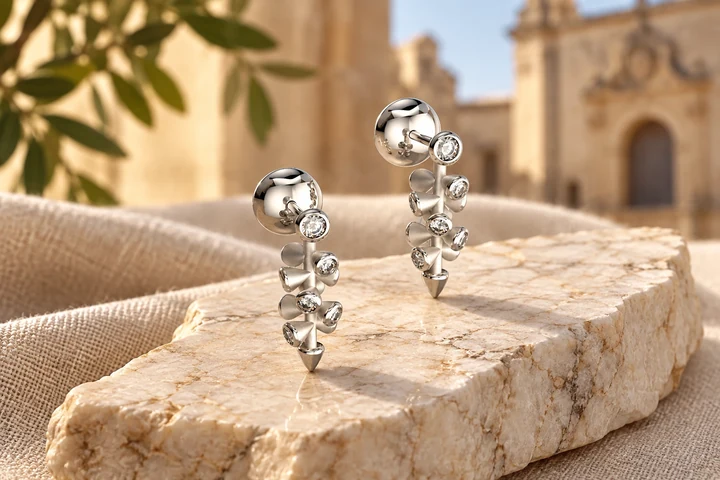 Boucles d’oreilles Punta Diamants Blancs en or blanc 18 carats — mise en scène artistique dans les Pouilles.