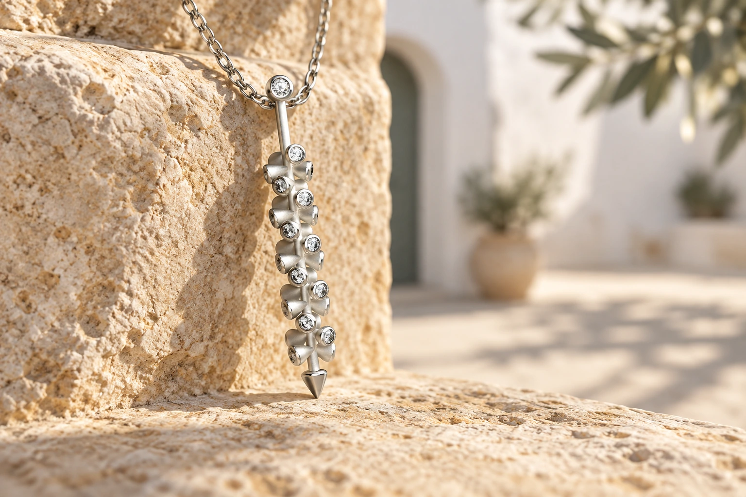 Pendentif Punta Diamants Blancs en or blanc 18 carats — mise en scène artistique dans les Pouilles.