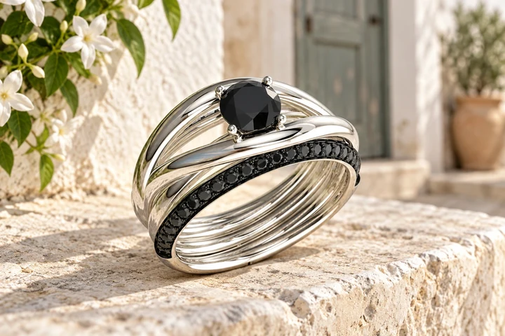 Bague Paloma Diamants Noirs en or blanc 18 carats — mise en scène artistique dans les Pouilles.