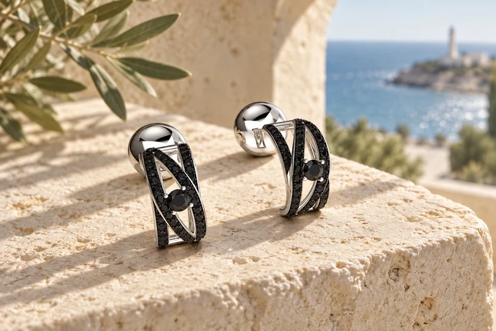 Boucles d’oreilles Paloma en or blanc 18 carats — mise en scène artistique dans les Pouilles.