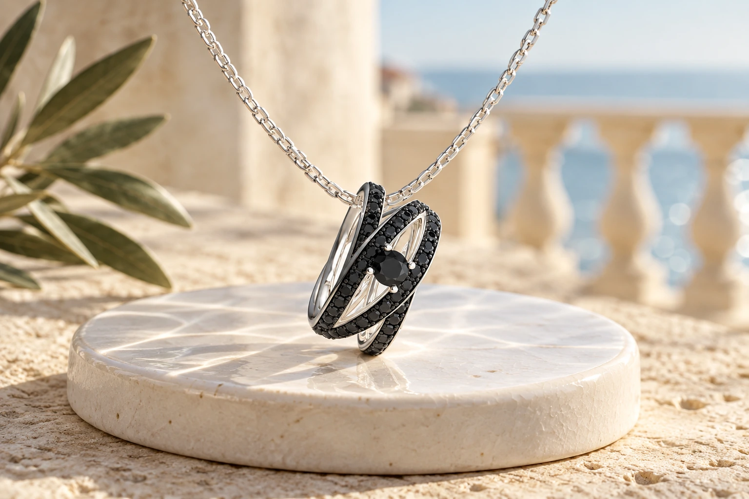 Pendentif Paloma Diamants Noirs en or blanc 18 carats — mise en scène artistique dans les Pouilles.