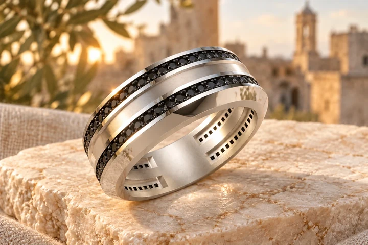 Alliance Diabolo Diamants Noirs en or blanc 18 carats — mise en scène artistique dans les Pouilles.