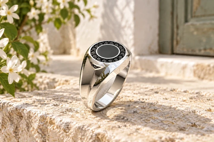 Bague Como Diamants Noirs en or blanc 18 carats — mise en scène artistique dans les Pouilles.
