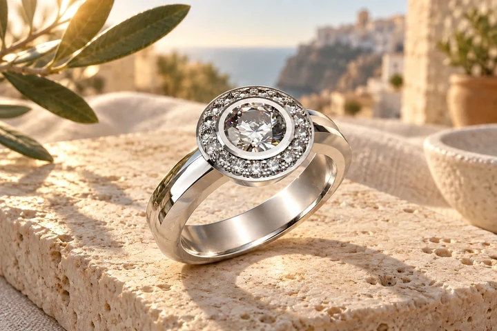 Bague Garda Diamants Blancs en or blanc 18 carats — mise en scène artistique dans les Pouilles.