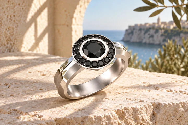 Bague Garda Diamants Noirs en or blanc 18 carats — mise en scène artistique dans les Pouilles.