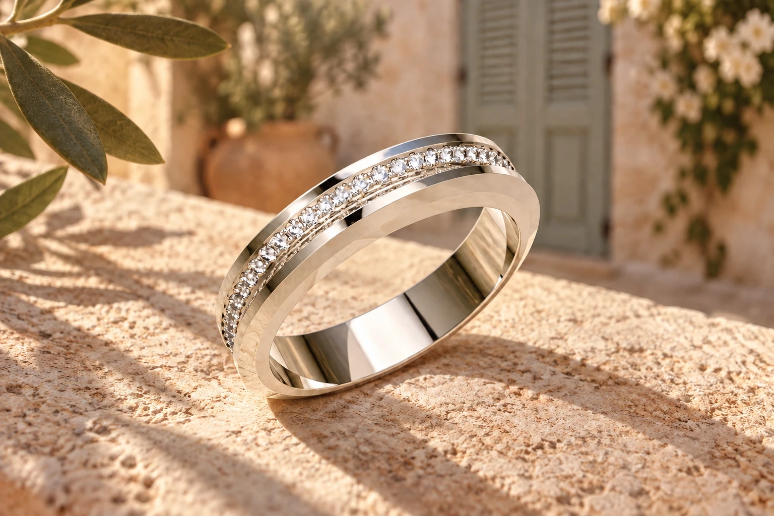 Bague Iseo Diamants Blancs en or blanc 18 carats — mise en scène artistique dans les Pouilles.