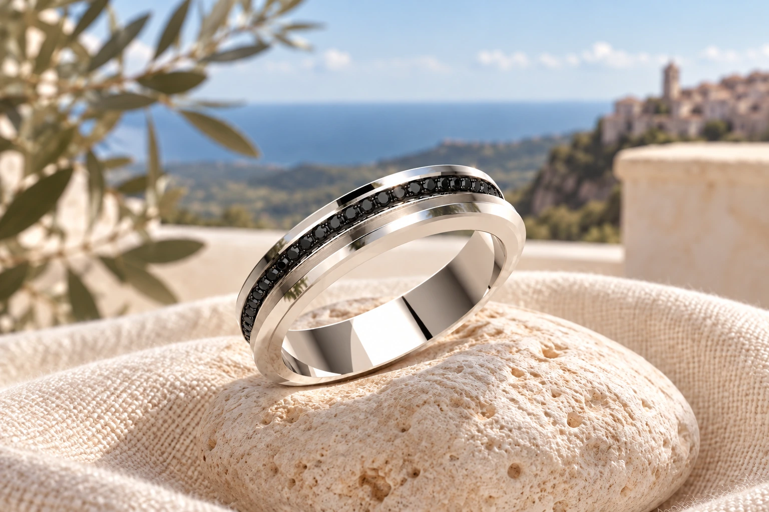 Bague Iseo Diamants Noirs en or blanc 18 carats — mise en scène artistique dans les Pouilles.