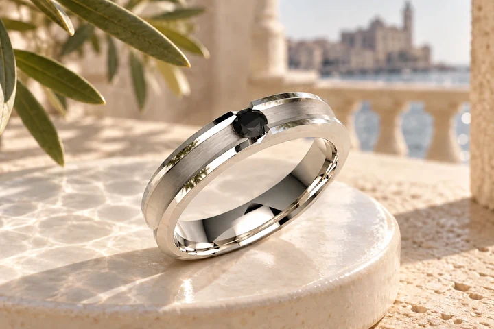 Bague Iseo 1 Diamant Noir en or blanc 18 carats — mise en scène artistique dans les Pouilles.