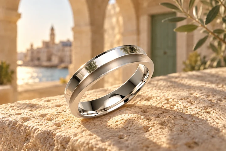Bague Iseo en or blanc 18 carats — mise en scène artistique dans les Pouilles.