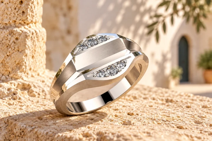 Bague Maggiore Pavée Diamants Blancs en or blanc 18 carats — mise en scène artistique dans les Pouilles.