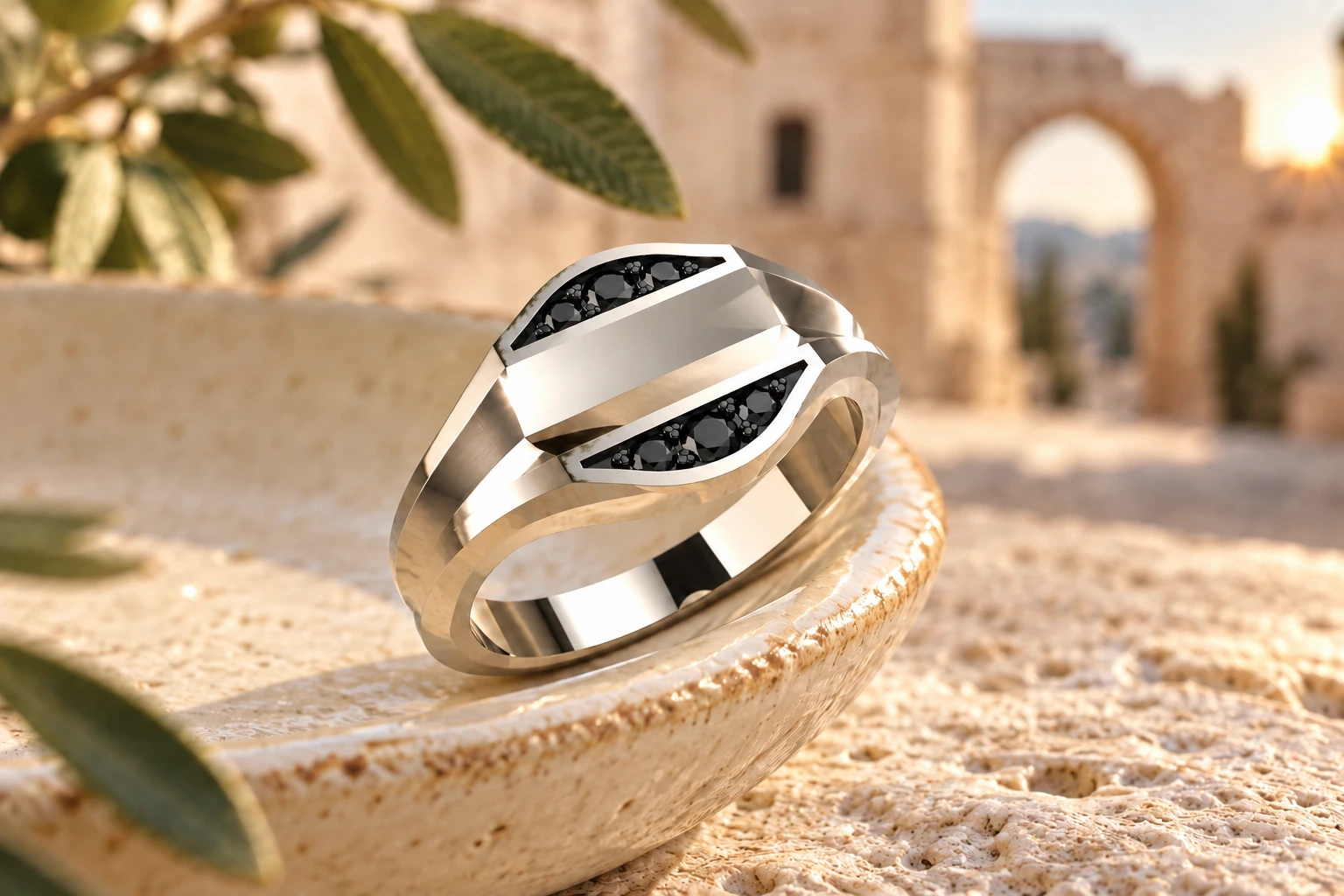 Bague Maggiore Diamants Noirs en or blanc 18 carats — mise en scène artistique dans les Pouilles.