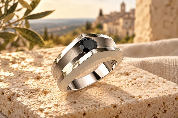 Bague Orta 1 Diamant Noir en or blanc 18 carats — mise en scène artistique dans les Pouilles.