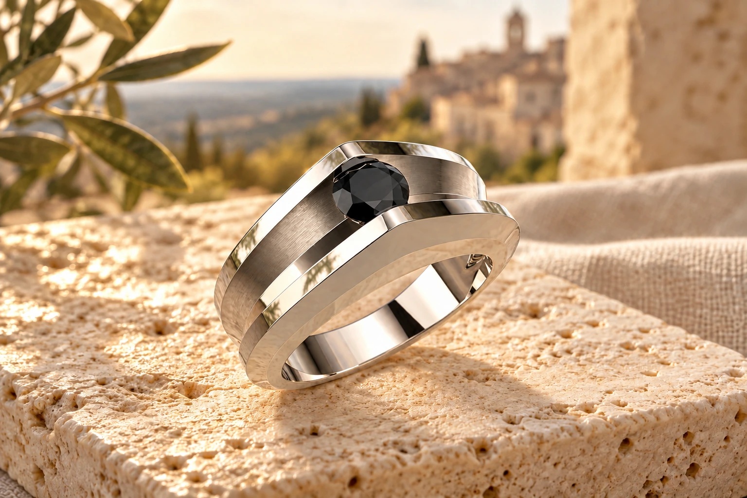 Bague Orta 1 Diamant Noir en or blanc 18 carats — mise en scène artistique dans les Pouilles.
