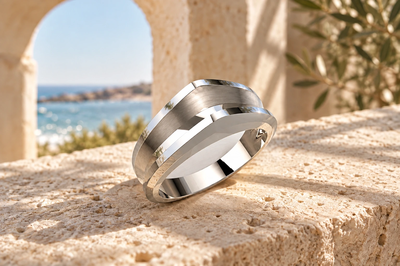 Bague Orta en or blanc 18 carats — mise en scène artistique dans les Pouilles.