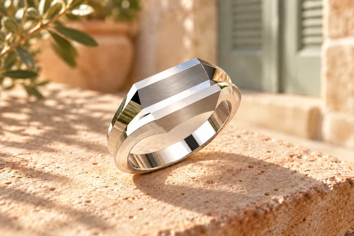 Bague Pergusa en or blanc 18 carats — mise en scène artistique dans les Pouilles.