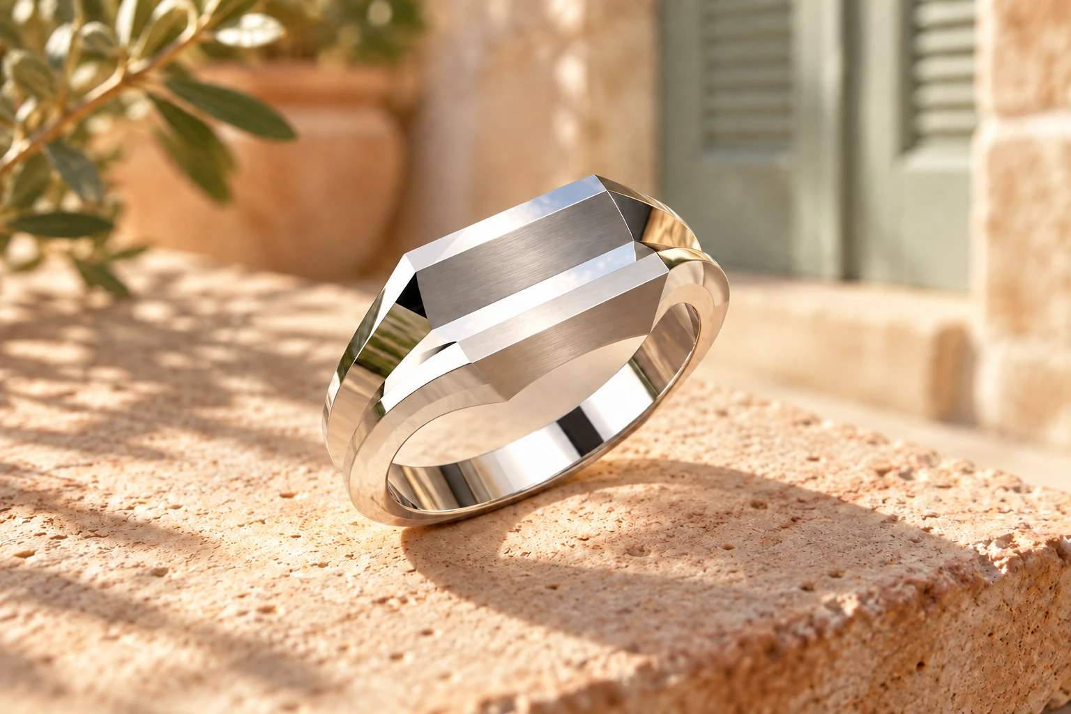 Bague Pergusa en or blanc 18 carats — mise en scène artistique dans les Pouilles.
