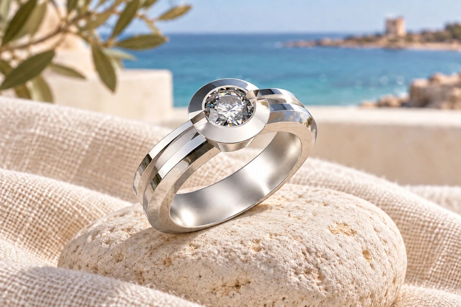 Bague Sirio Diamant Blanc en or blanc 18 carats — mise en scène artistique dans les Pouilles.