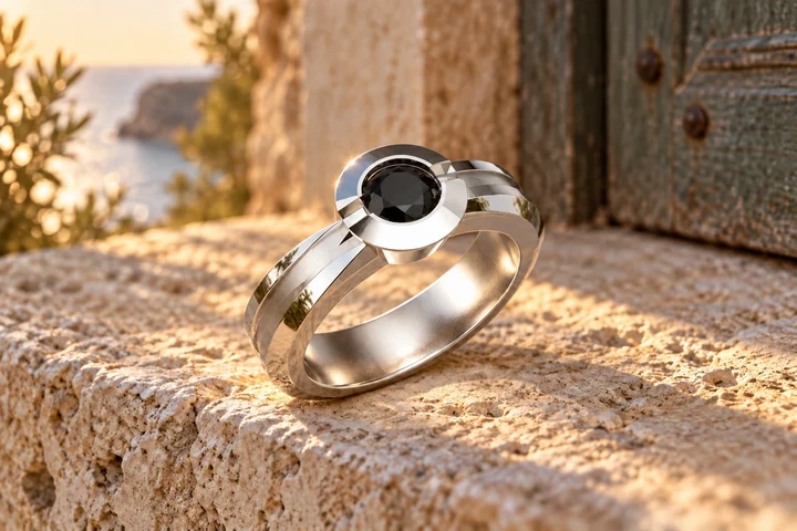 Bague Sirio Diamant Noir en or blanc 18 carats — mise en scène artistique dans les Pouilles.