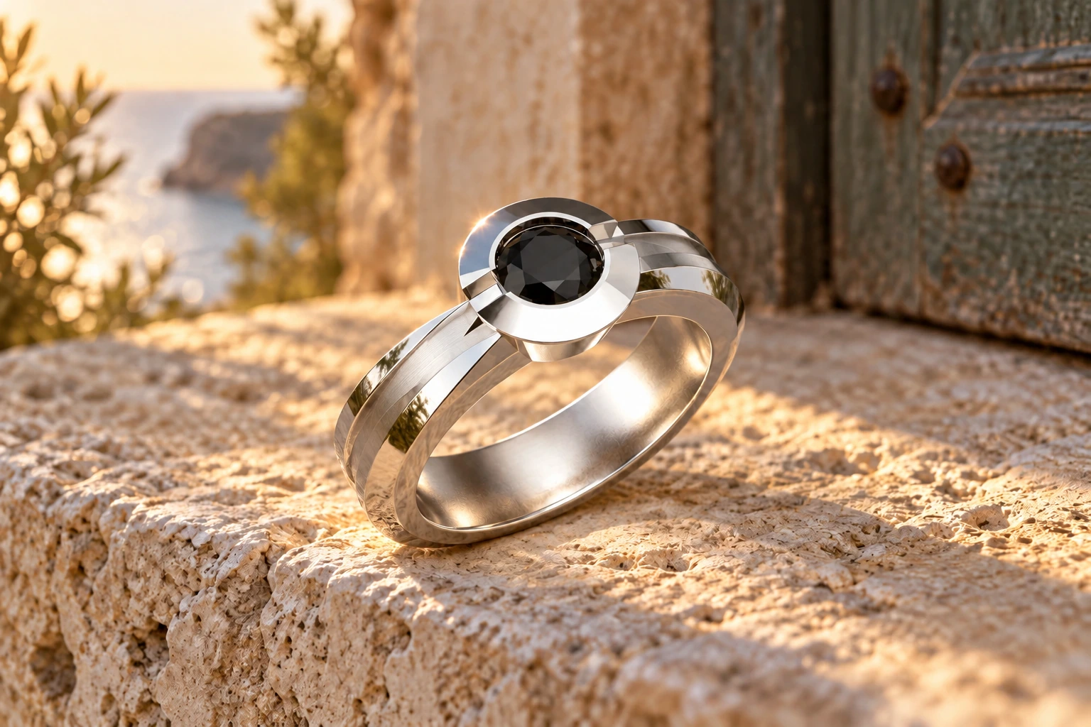 Bague Sirio Diamant Noir en or blanc 18 carats — mise en scène artistique dans les Pouilles.