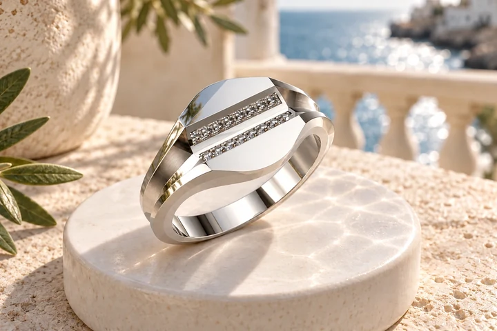 Bague Trasimeno Diamants Blancs en or blanc 18 carats — mise en scène artistique dans les Pouilles.