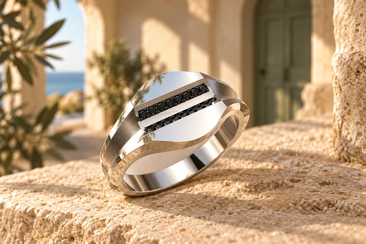 Bague Trasimeno Diamants Noirs en or blanc 18 carats — mise en scène artistique dans les Pouilles.
