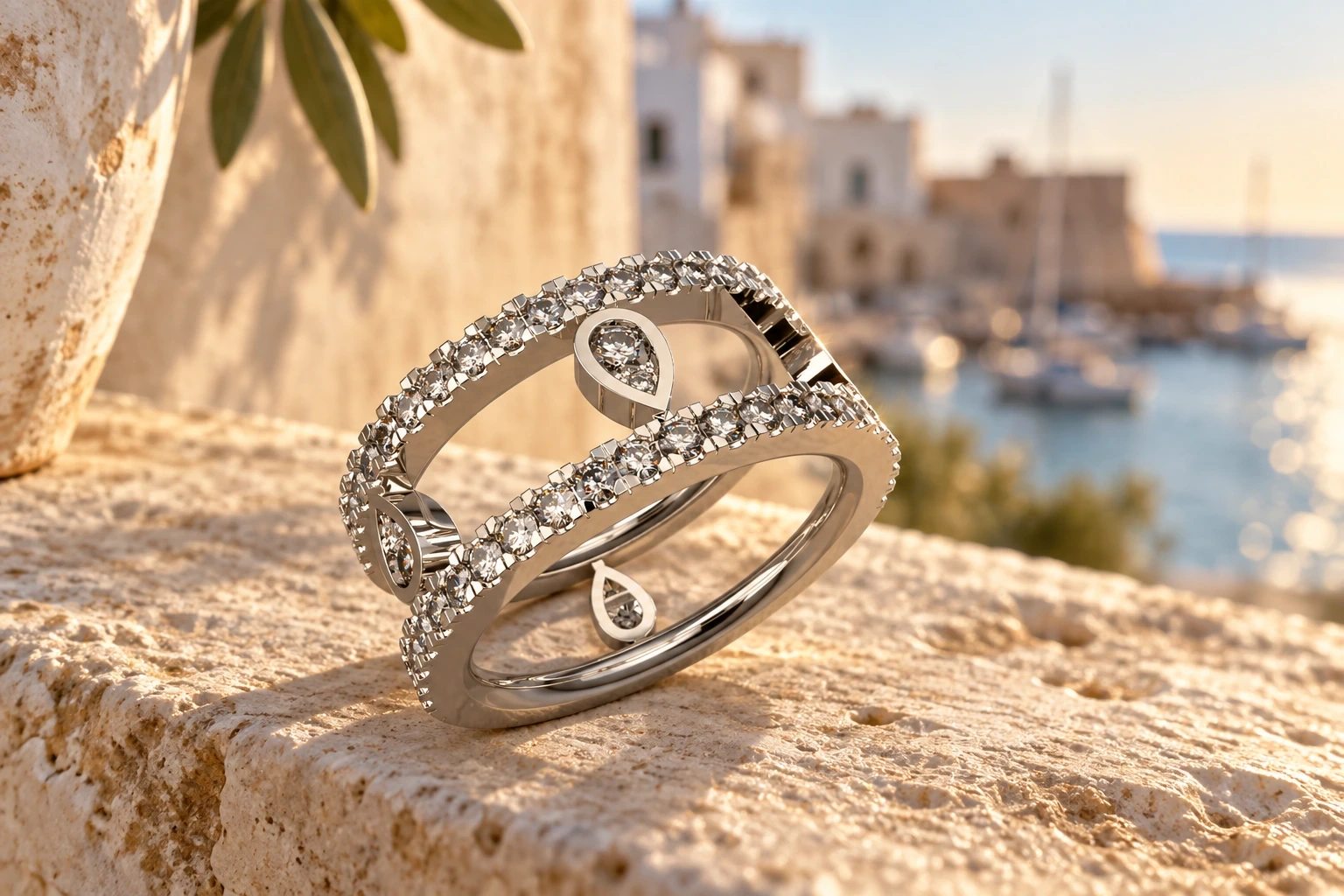 Bague Pietra Diamants Blancs en or blanc 18 carats — mise en scène artistique dans les Pouilles.