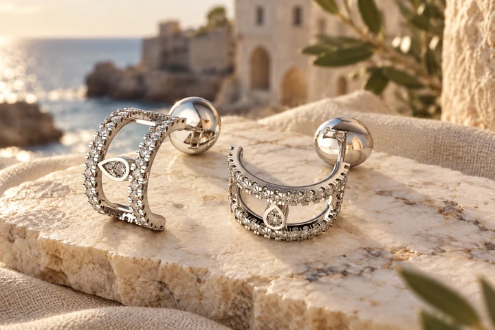 Boucles d’oreilles Pietra Diamants Blancs en or blanc 18 carats — mise en scène artistique dans les Pouilles.