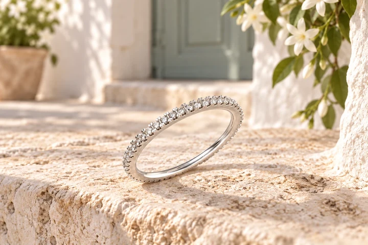 Alliance Stradina Diamants Blancs PM 1 Rang en or blanc 18 carats — mise en scène artistique dans les Pouilles.