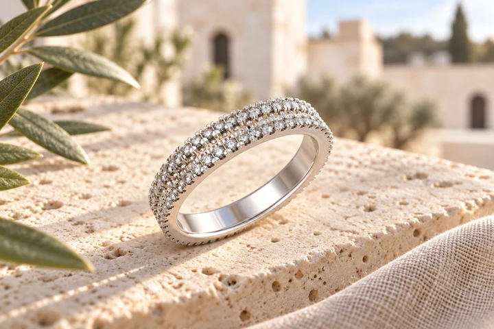 Alliance Stradina Diamants Blancs PM 2 Rangs en or blanc 18 carats — mise en scène artistique dans les Pouilles.