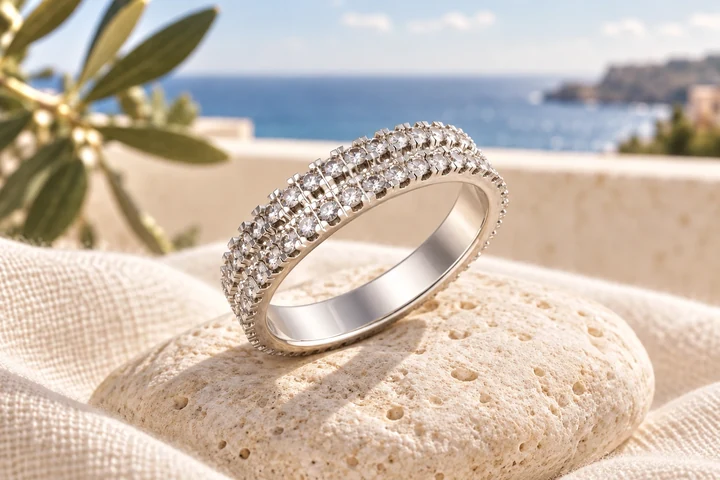Alliance Stradina Diamants Blancs MM 2 Rangs en or blanc 18 carats — mise en scène artistique dans les Pouilles.