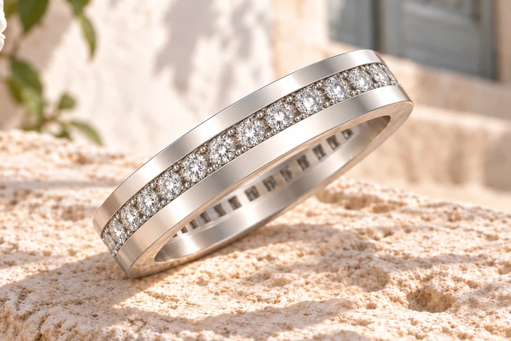Alliance Strada Diamants Blancs 1 Rang en or blanc 18 carats — mise en scène artistique dans les Pouilles.