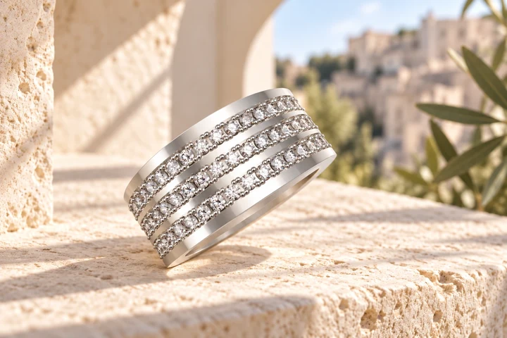 Alliance Strada Diamants Blancs 3 Rangs en or blanc 18 carats — mise en scène artistique dans les Pouilles.