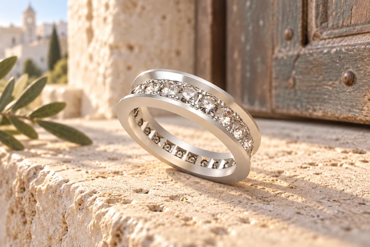 Alliance Stradone Diamants Blancs en or blanc 18 carats — mise en scène artistique dans les Pouilles.