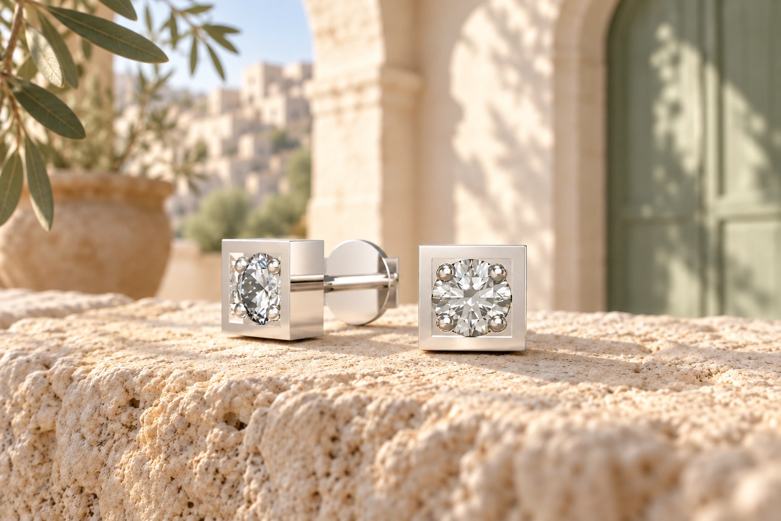 Boucles d’oreilles Strada Diamants Blancs GM en or blanc 18 carats — mise en scène artistique dans les Pouilles.