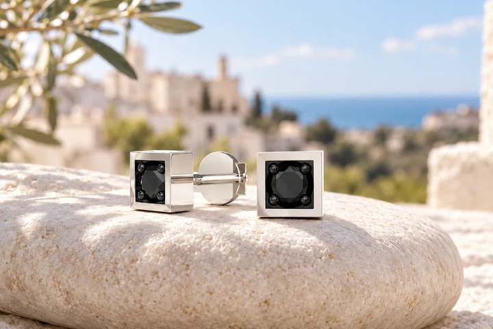 Boucles d’oreilles Strada Diamants Noirs GM en or blanc 18 carats — mise en scène artistique dans les Pouilles.